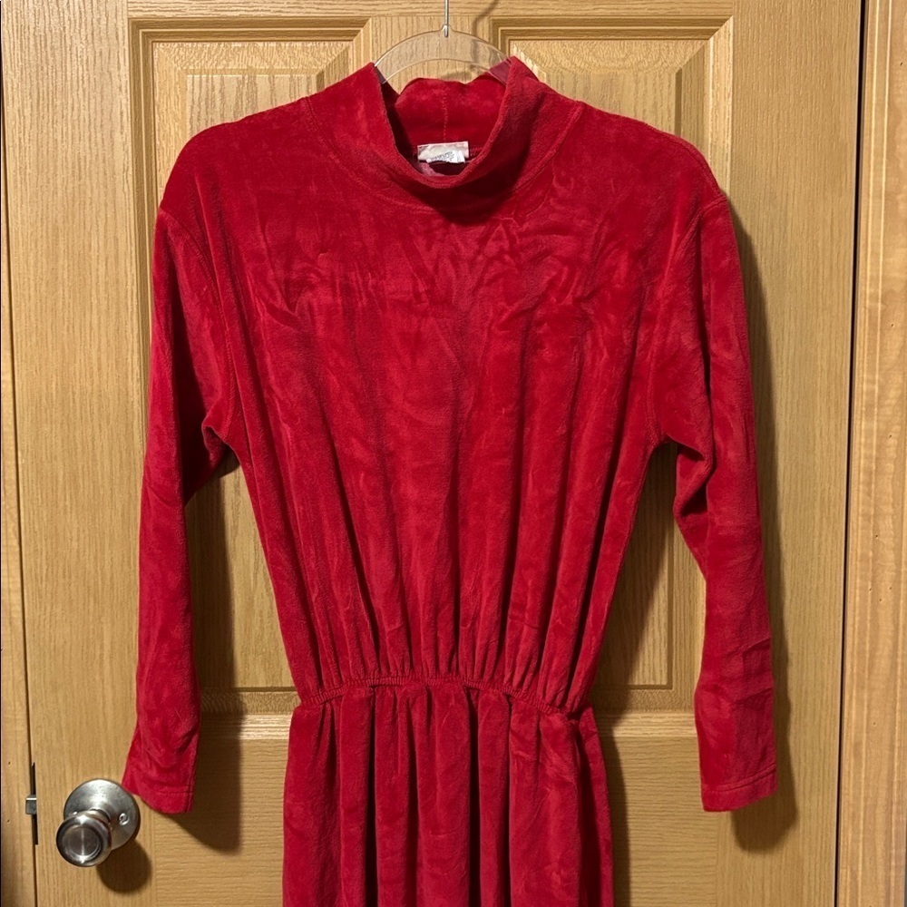 Vintage L.L. Bean Red Velour Long Sleeve Midi Dress Small Petite